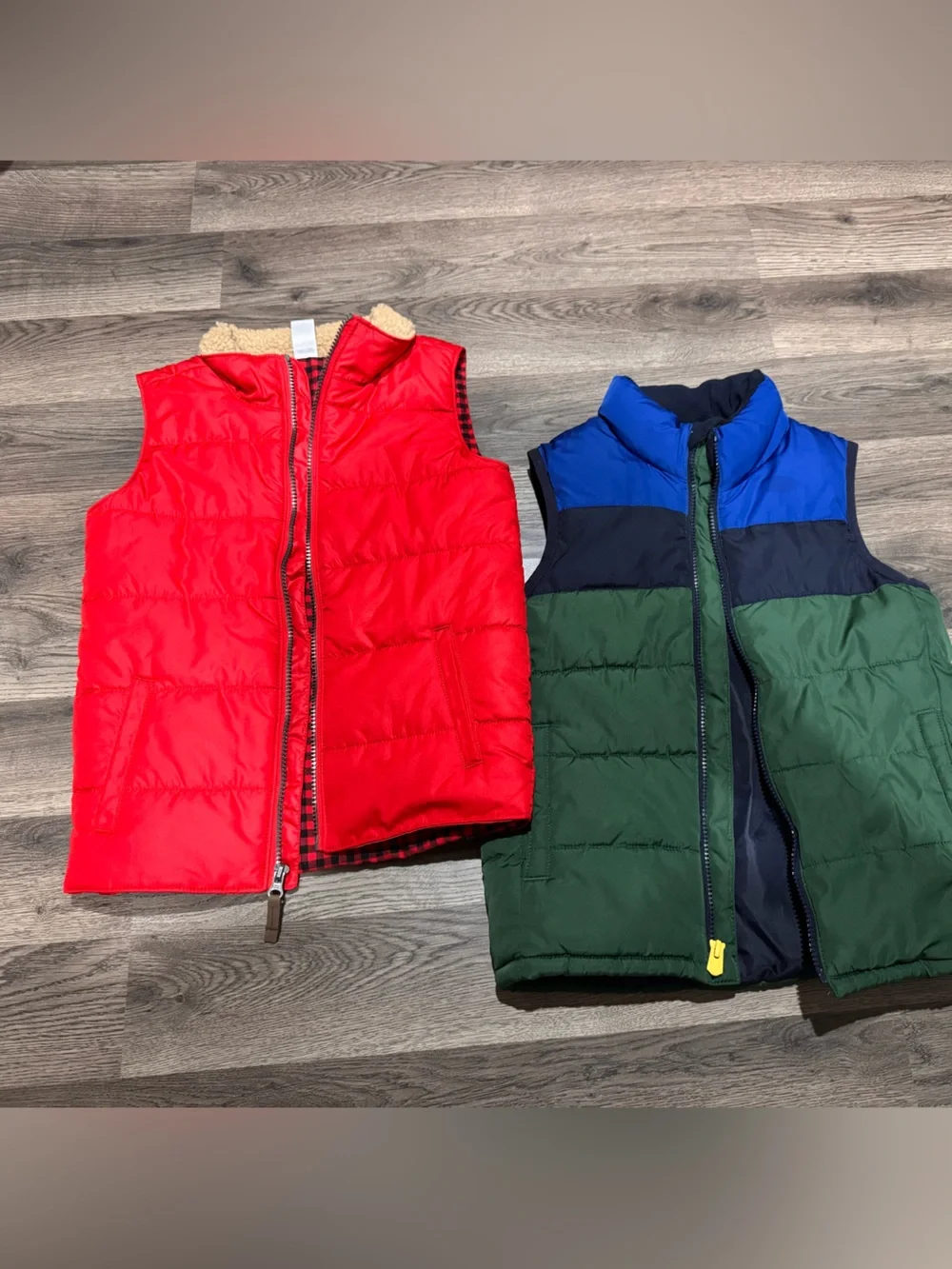 GAP Kids Colorblock Navy Blue Green Puffer Vest & GAP Red Quilted Vest